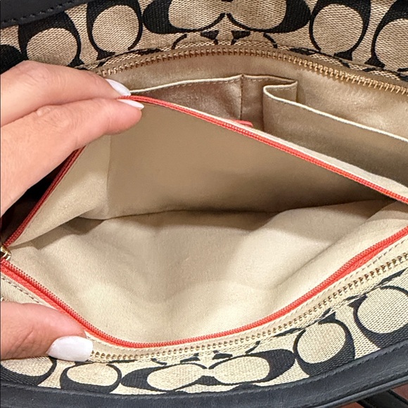 Coach Signature Canvas Zip Top Tote Black/Kahki Red Interior - Picture 14 of 14